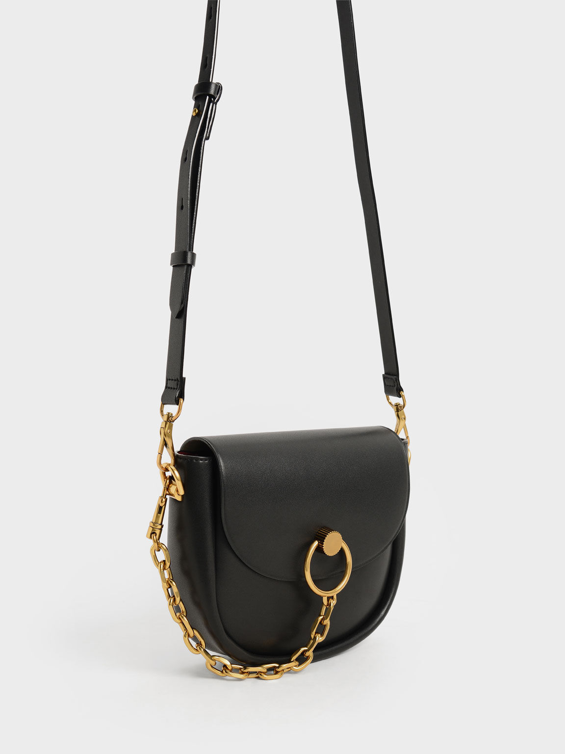 Becca Chunky Chain-Link Saddle Bag, Black, hi-res