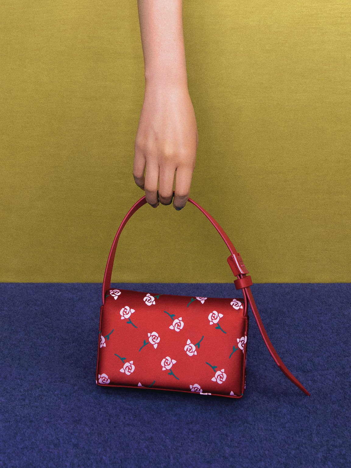 Chloris Satin & Leather Rose-Print Shoulder Bag, Red, hi-res