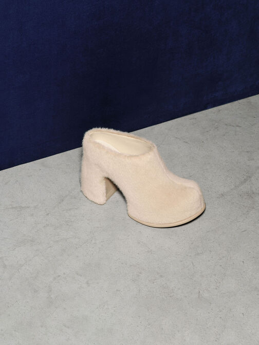 Pixie Furry Platform Mules, Beige, hi-res