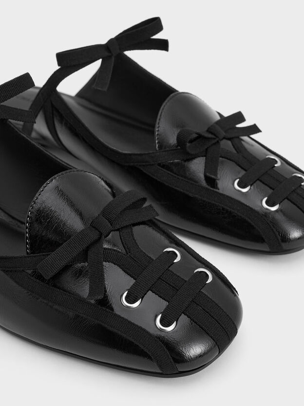 Crinkle-Effect Lace-Up Bow Ballet Mules, Black, hi-res