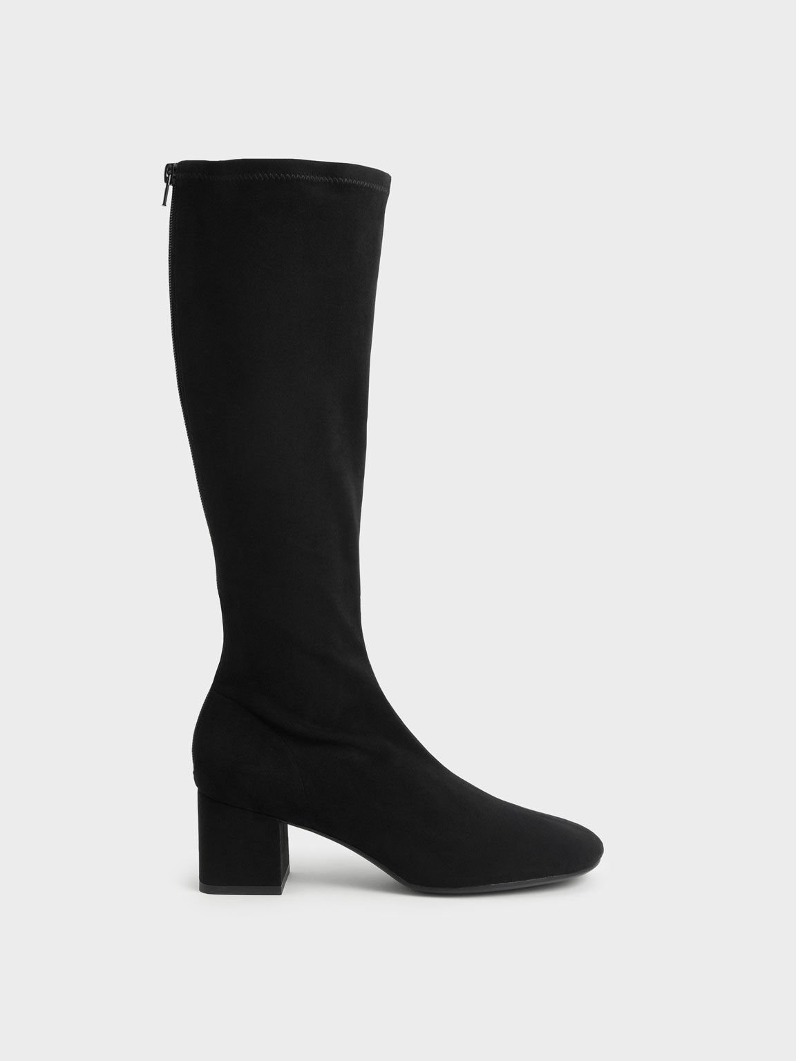 Textured Block Heel Knee Boots, Black Satin, hi-res
