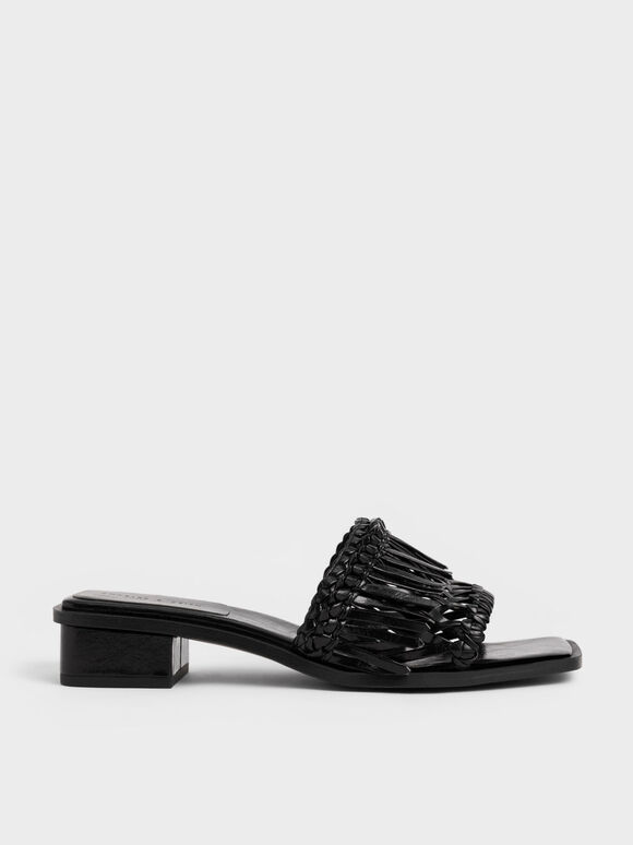 Wrinkled Patent Fringe Sandals, Black, hi-res