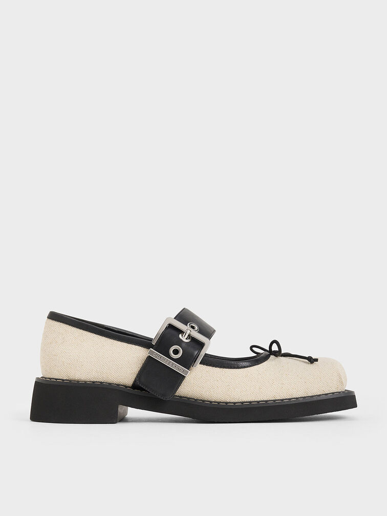 Mary Janes com laço de linho e fivela, Beige, hi-res