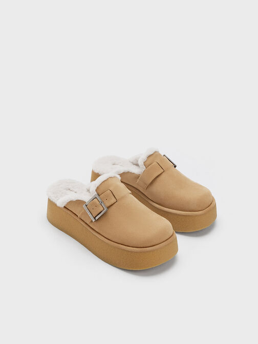 Fur-Lined Buckled Flatform Mules, Camel, hi-res