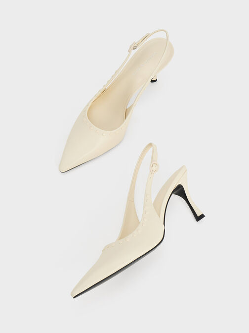 Studded Pointed-Toe Slingback Pumps, Chalk, hi-res