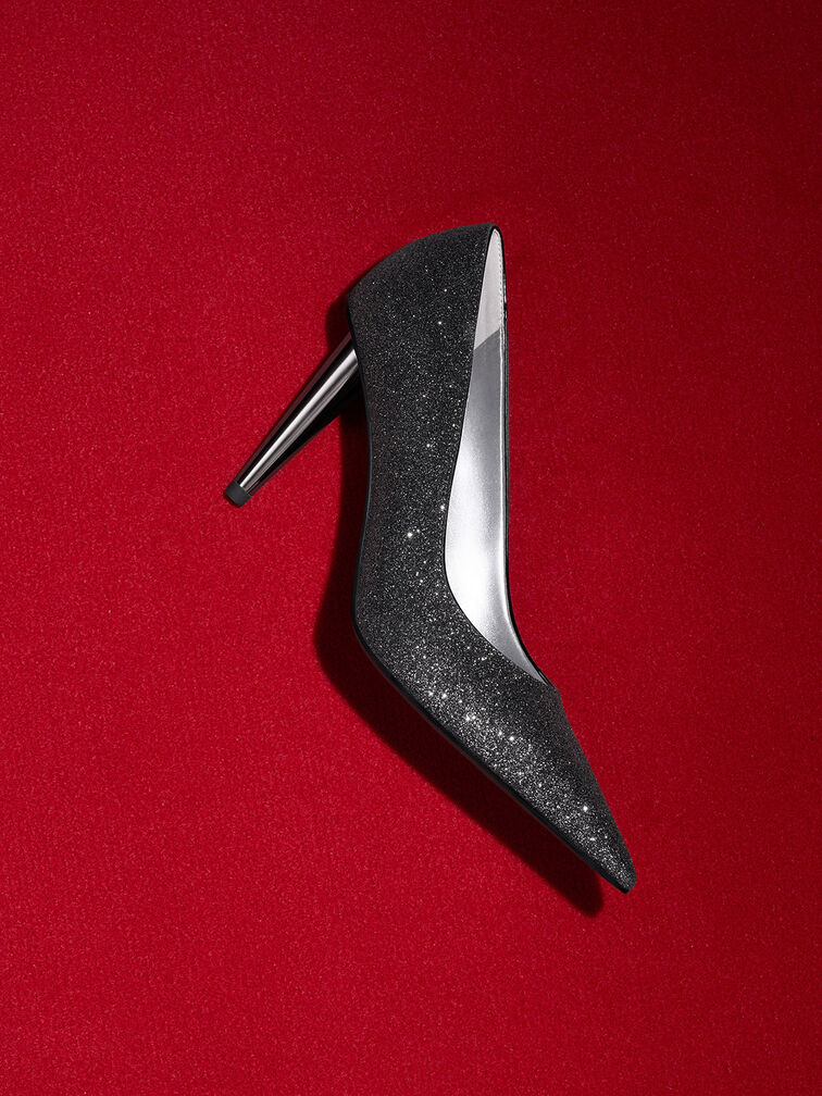 Tacones con tacón de cono y purpurina, Negro texturizado, hi-res