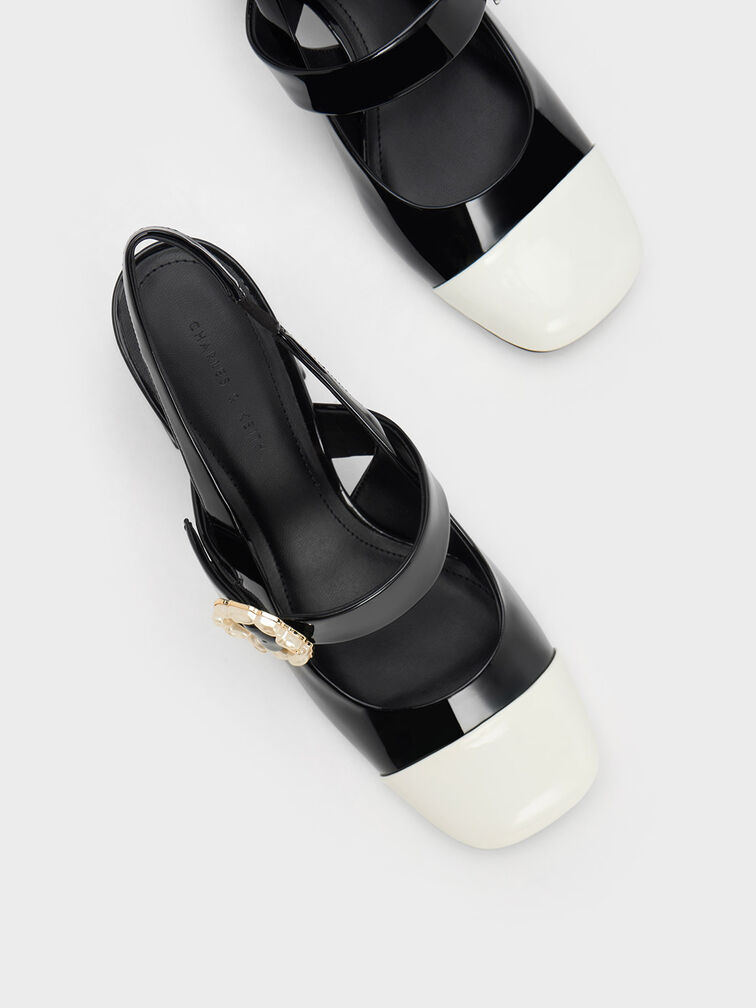 Black Patent Two-Tone Pearl Buckle Slingback Pumps - CHARLES & KEITH AU