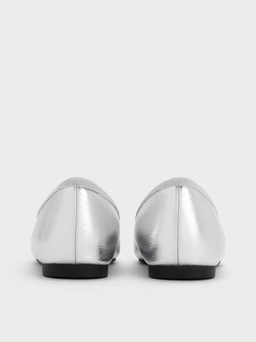 Girls' Metallic Bow Square-Toe Crossover-Strap Ballet Flats, Silver, hi-res