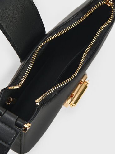 Metallic Accent Belted Bag, Black, hi-res