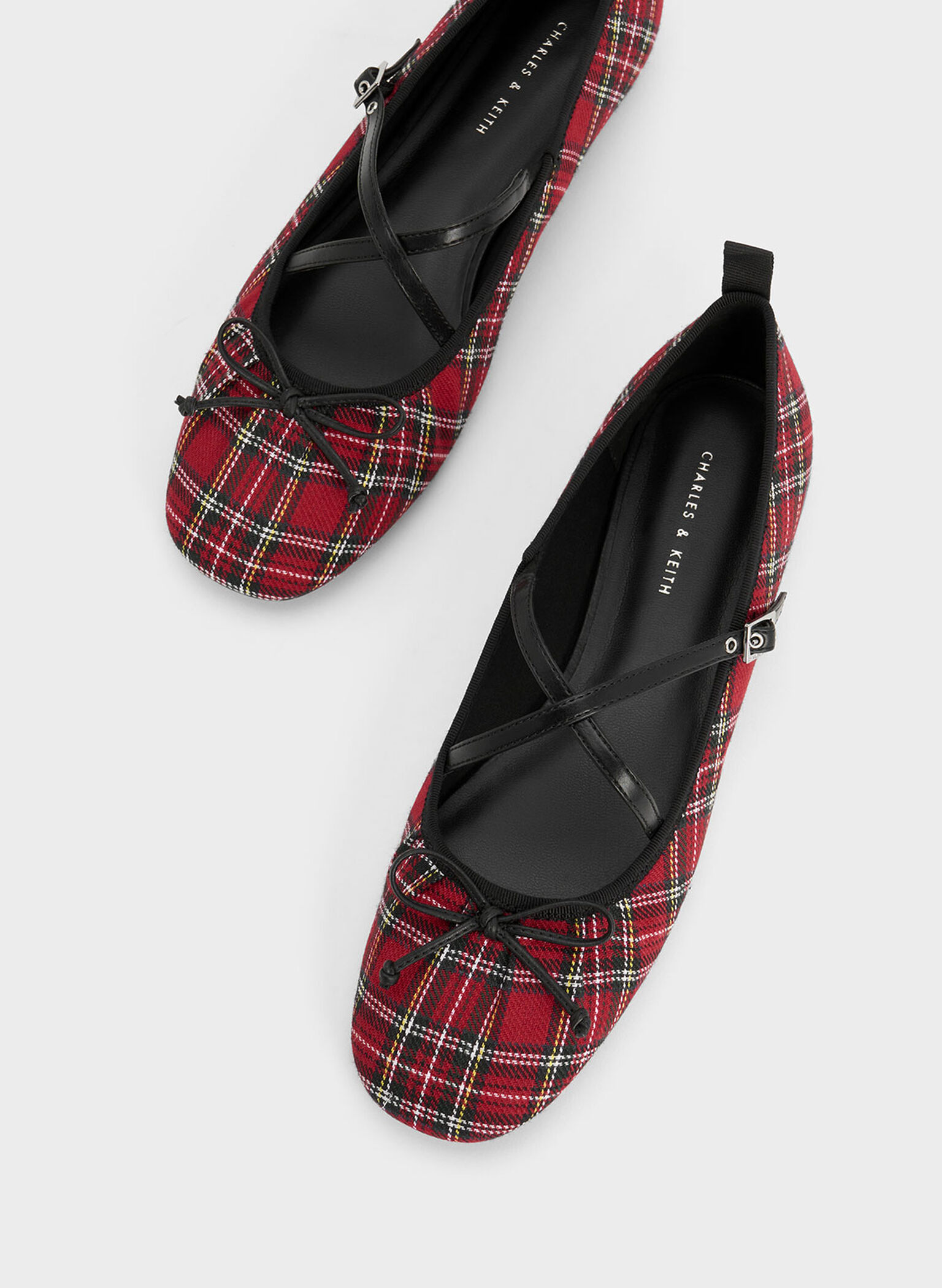 Red Tartan-Print Crossover-Strap Mary Jane Flats - CHARLES & KEITH US