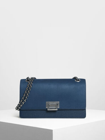 Textured Chain Link Shoulder Bag, Blue, hi-res