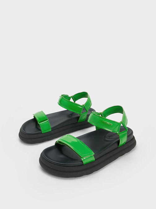 Patent Strappy Sports Sandals, Green, hi-res