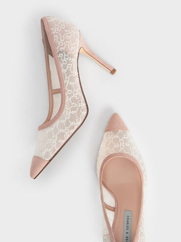 Bead-Embellished Mesh Pumps, Nude, hi-res