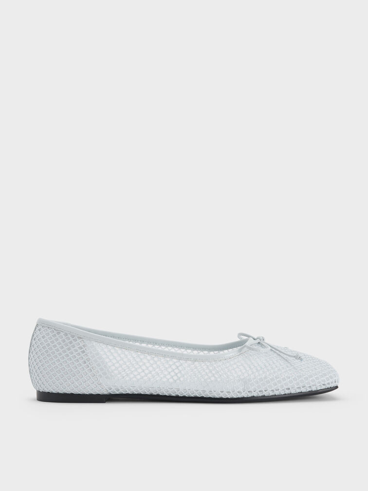 Mesh Square-Toe Bow Ballet Flats, Light Blue, hi-res