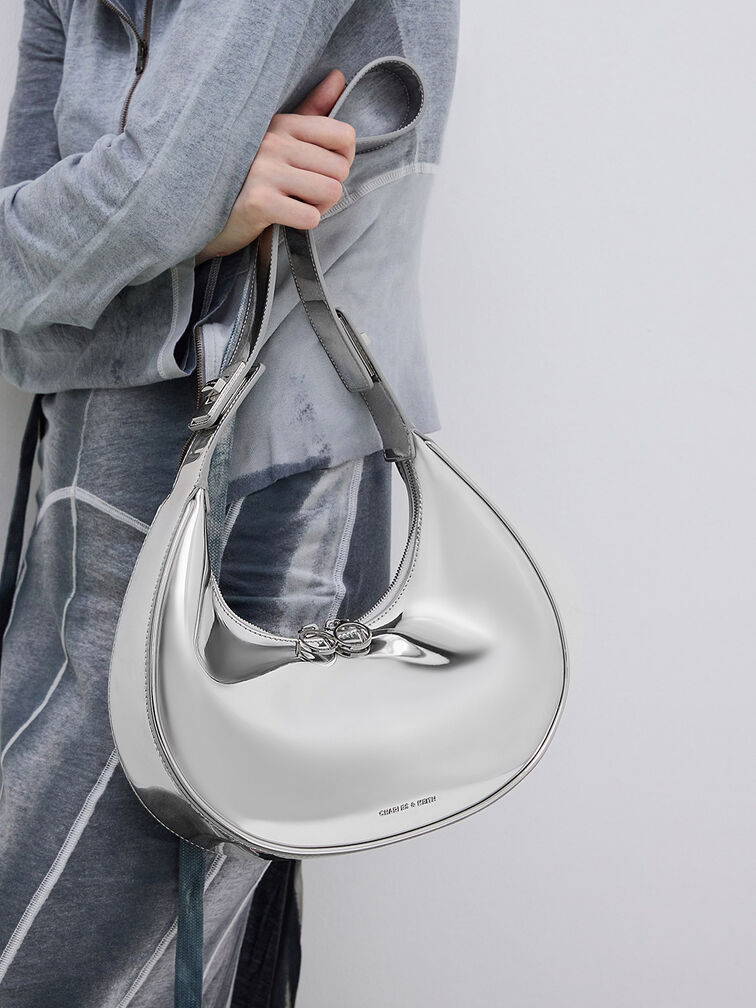 Metallic Crescent Hobo Bag, Silver, hi-res