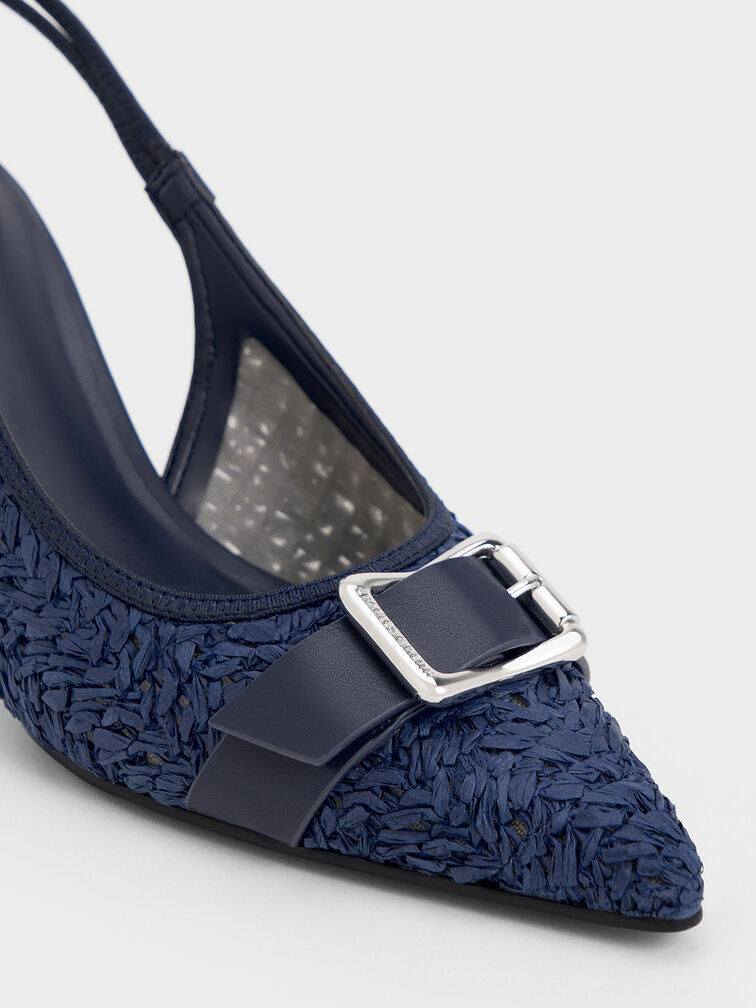 Raffia Buckled Pointed-Toe Slingback Pumps, Dark Blue, hi-res