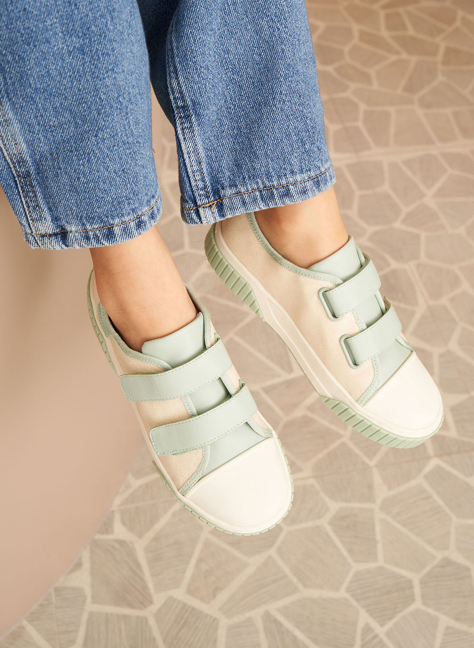 Girls' Velcro Strap Glitter Sneakers, Mint Green, hi-res