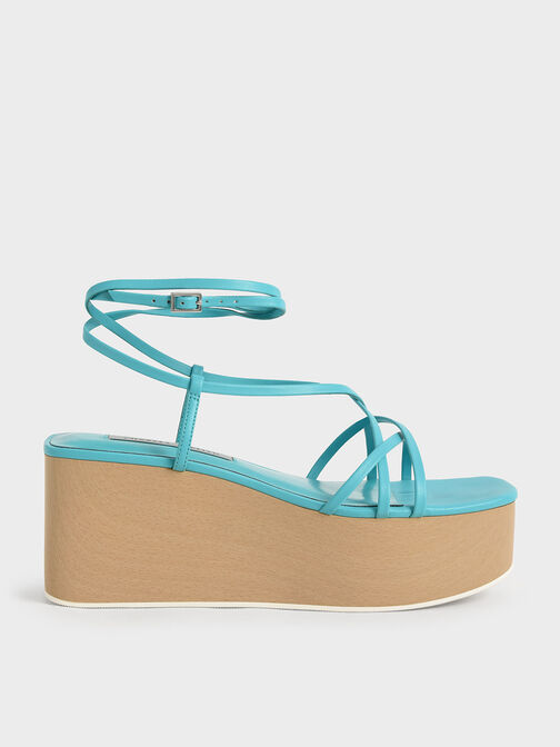 Ankle Strap Platform Wedges, Turquoise, hi-res