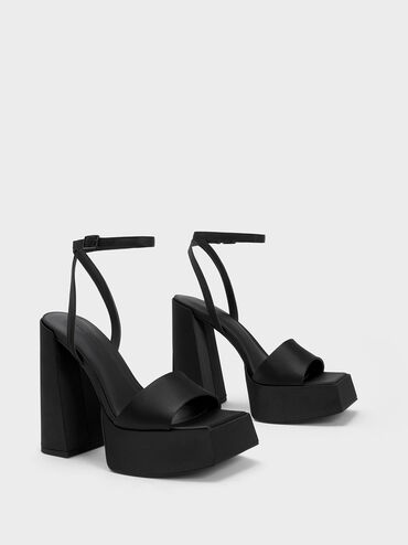 Recycled Polyester Ankle-Strap Platform Sandals, Black Textured, hi-res