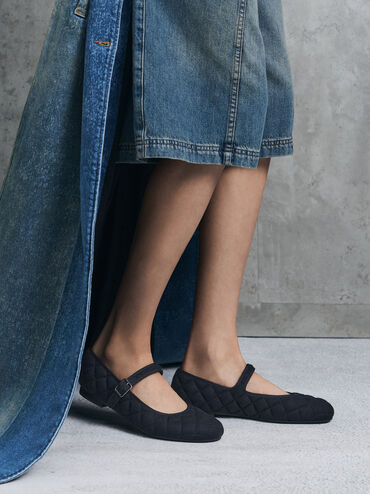 Carmel Felt Quilted Buckled Mary Jane Flats, Dark Blue, hi-res