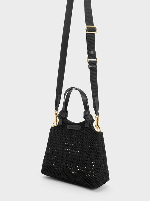 Bolso tote tejido con asa anudada, Negro, hi-res