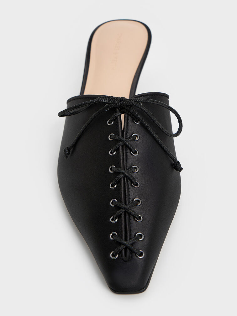 Satin Lace-Up Pointed-Toe Kitten-Heel Mules, Black Textured, hi-res