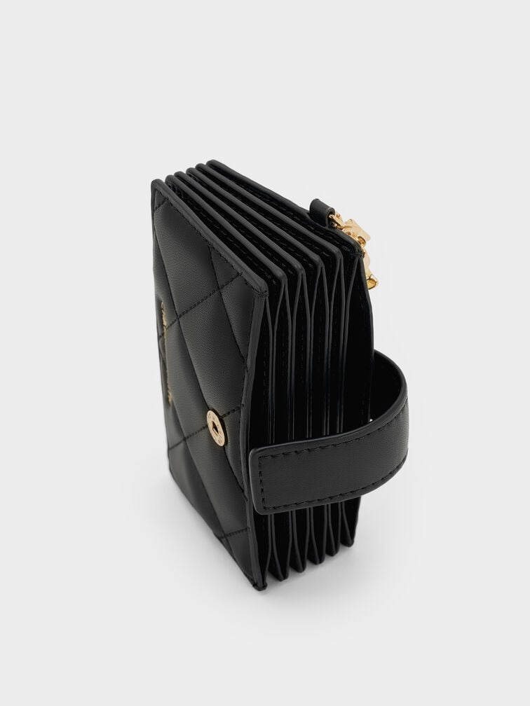 Porte-cartes matelassé à boucle à breloques en nœud et cœur Arrietty, Noir, hi-res