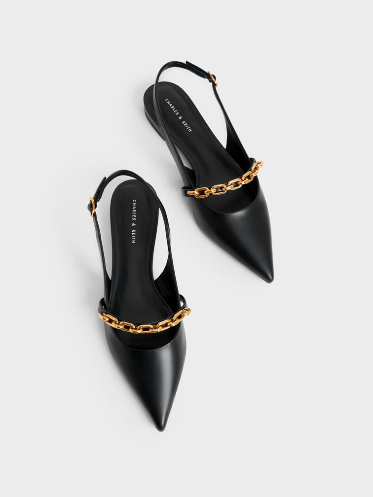 Chain-Link Strap Slingback Flats, Black, hi-res