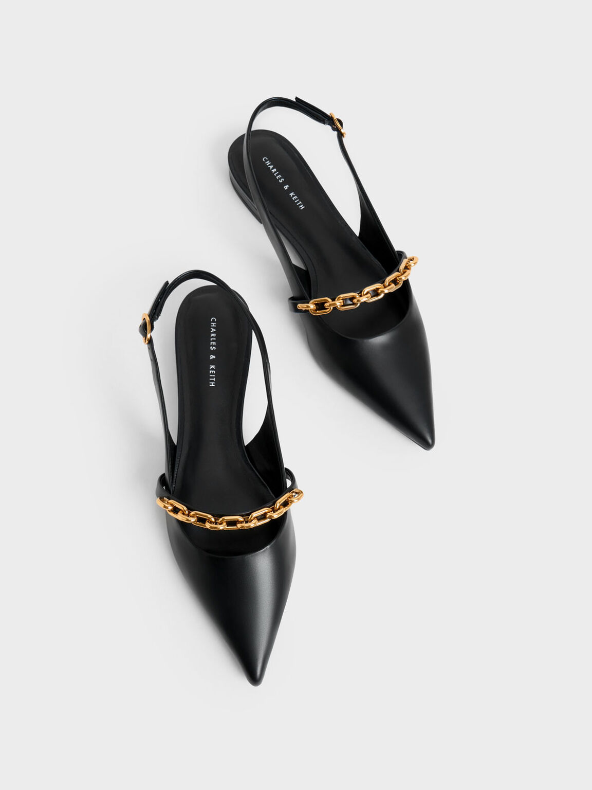 Chain-Link Strap Slingback Flats, Black, hi-res