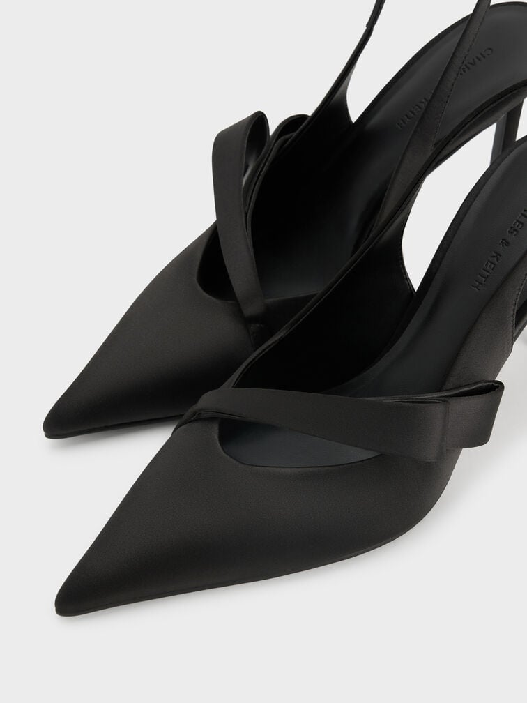 Satin Pleated-Strap Slingback Pumps, Black Textured, hi-res