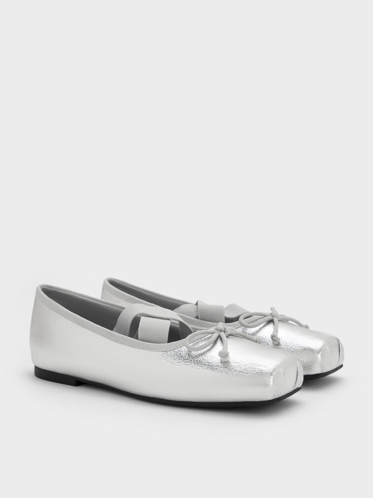 Girls' Metallic Bow Square-Toe Crossover-Strap Ballet Flats, Silver, hi-res