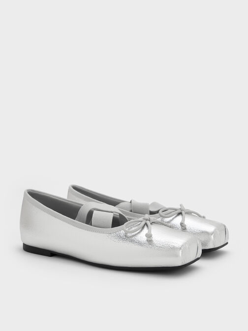 Girls' Metallic Bow Square-Toe Crossover-Strap Ballet Flats, Silver, hi-res