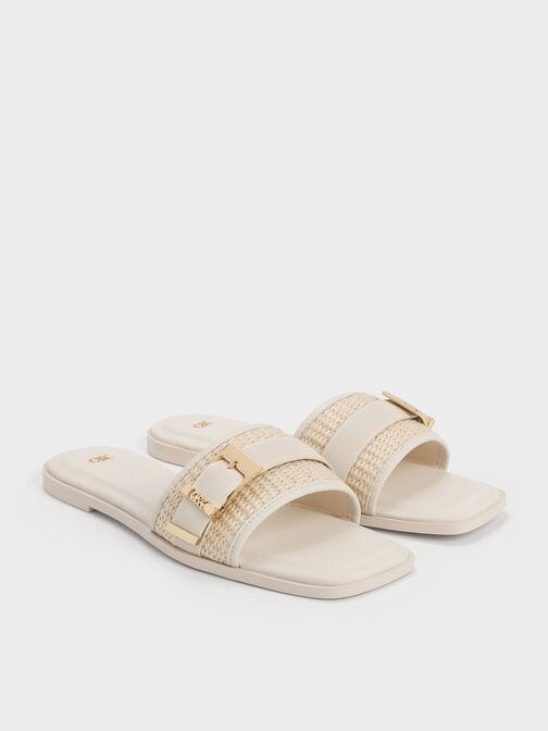 Whitney Leather & Raffia Buckled Slide Sandals, White, hi-res