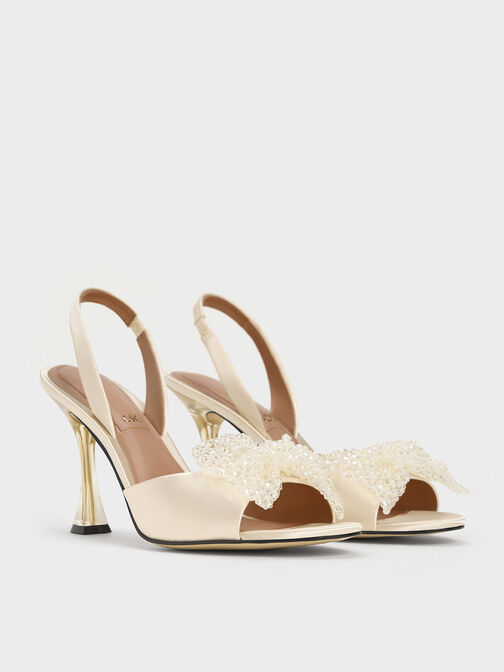 Recycled Polyester Beaded Bow Slingback Pumps, Champagne, hi-res