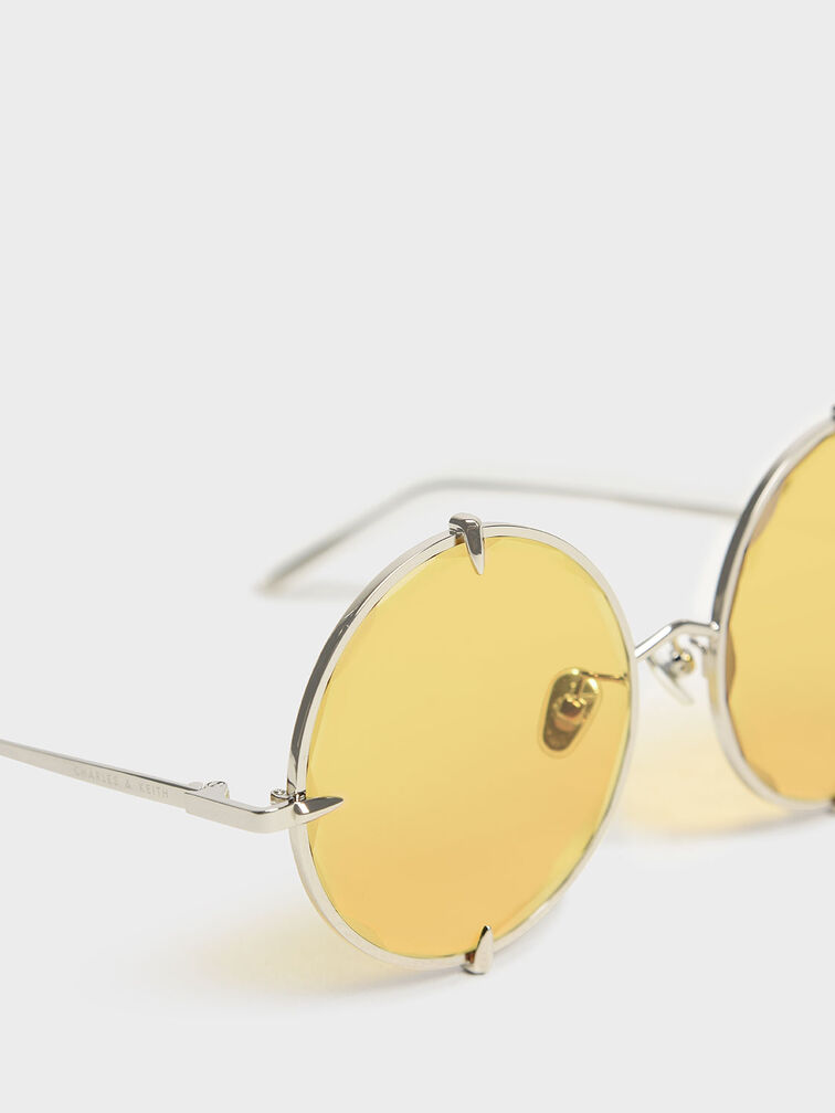 Round Wire Frame Skinny Sunglasses, Yellow, hi-res