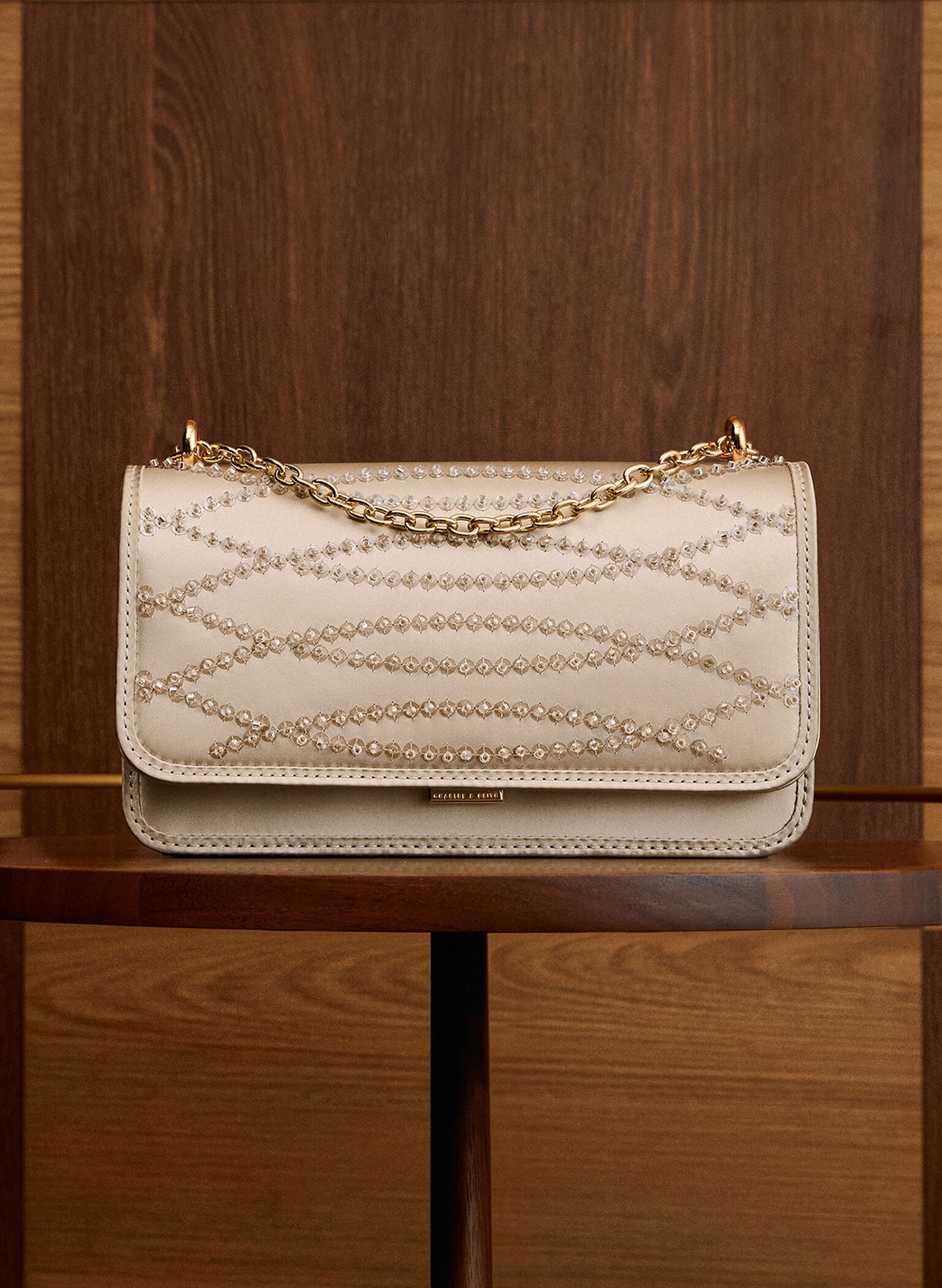 Satin Sequinned Chain-Handle Mini Bag, Light Gold, hi-res