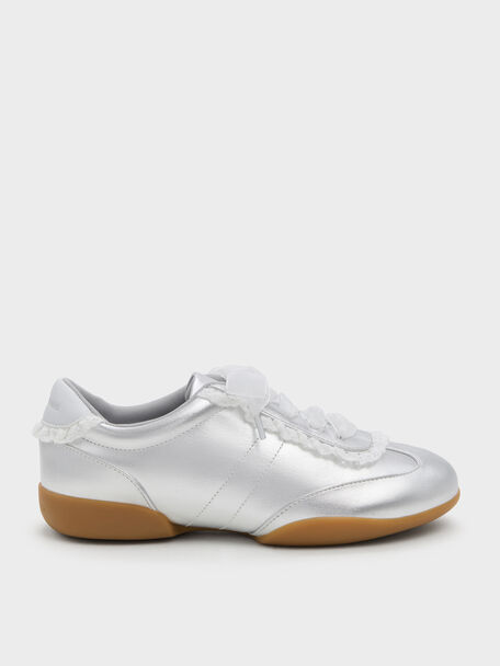 Girls' Metallic Lace-Trim Sneakers, Silver, hi-res