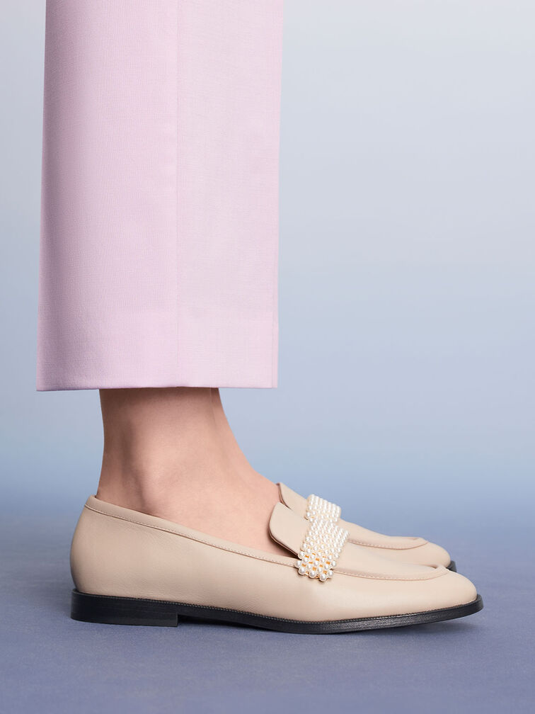 Beaded Penny Loafers, Beige, hi-res