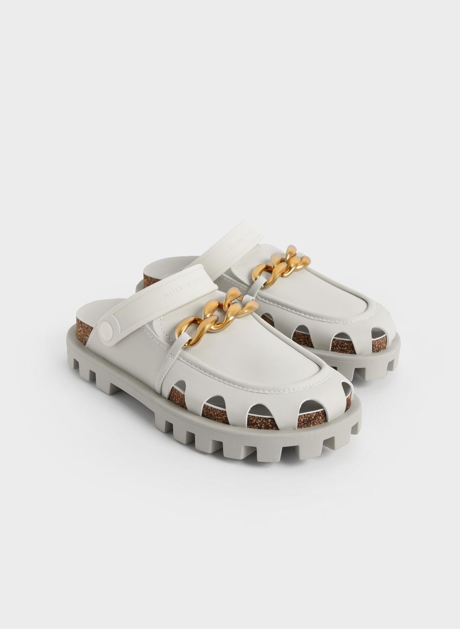 Brighton Chunky Chain-Link Flat Mules, White, hi-res