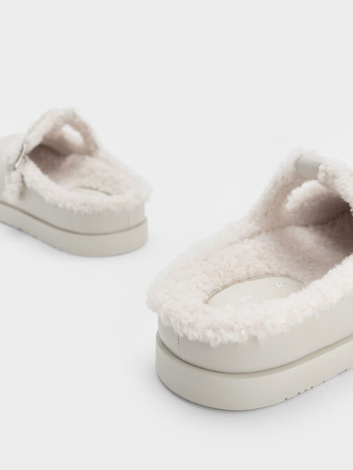 Fur-Trim Buckled Mules, Chalk, hi-res