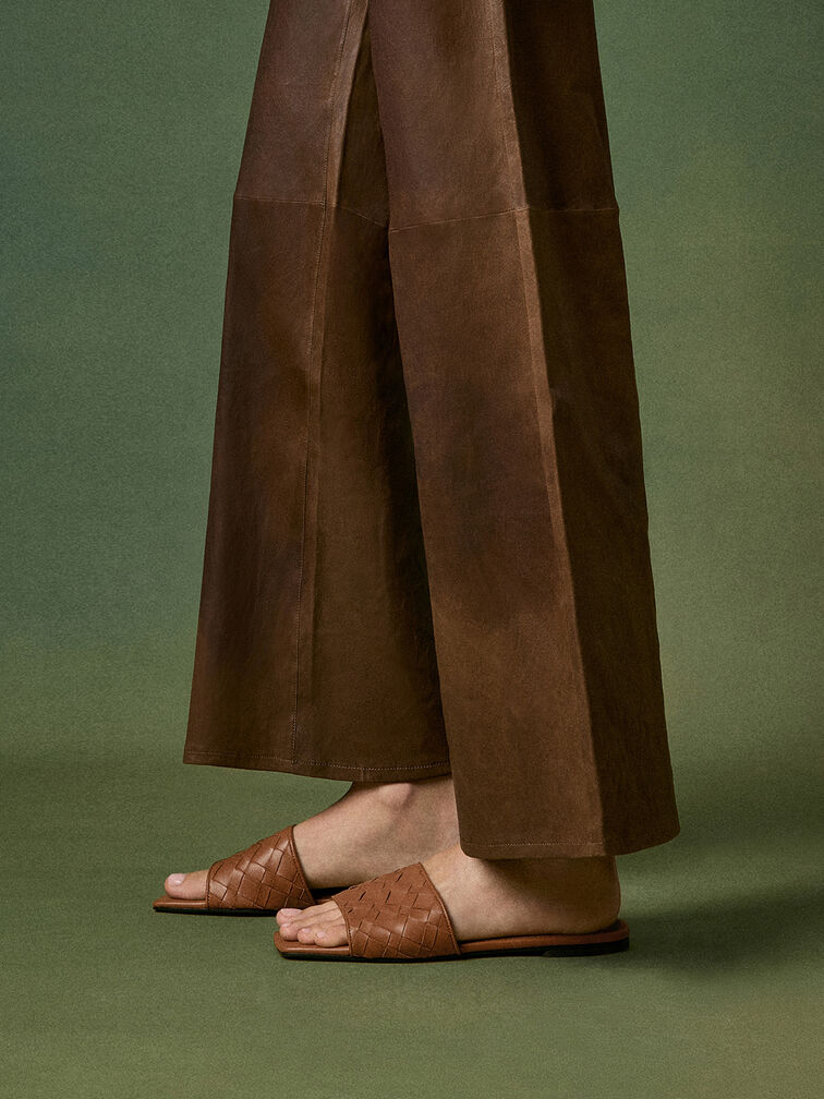 Woven Slide Sandals, Brown, hi-res