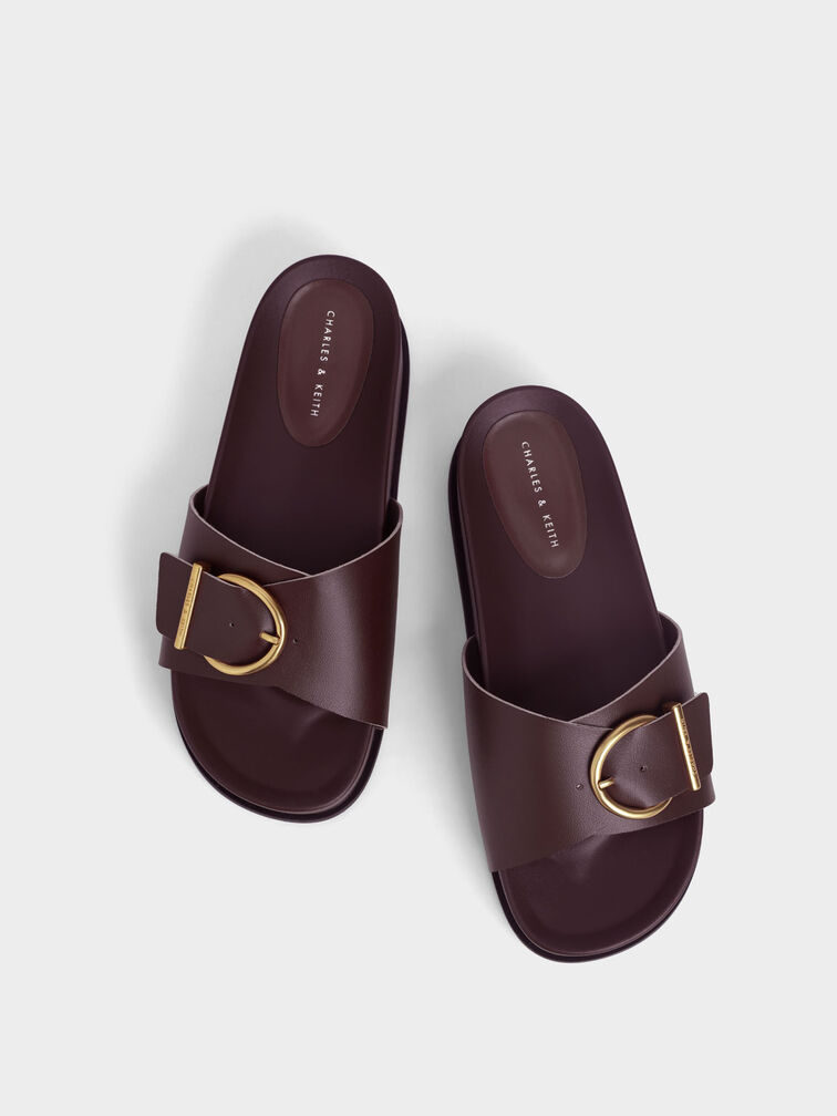 Metallic Buckle Flatform Sandals, Brown, hi-res