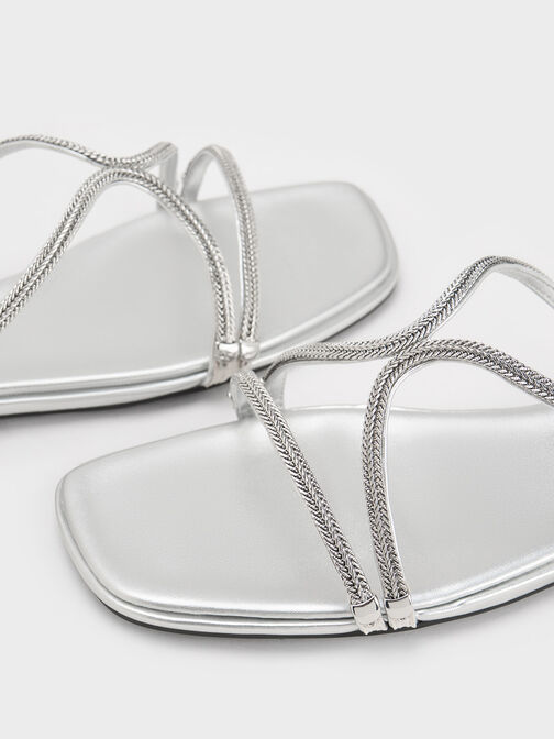 Metallic Braided Strappy Sandals, Silver, hi-res