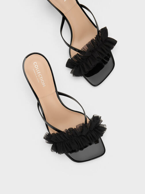 Patent Leather Ruffled Mesh Heeled Mules, Black, hi-res