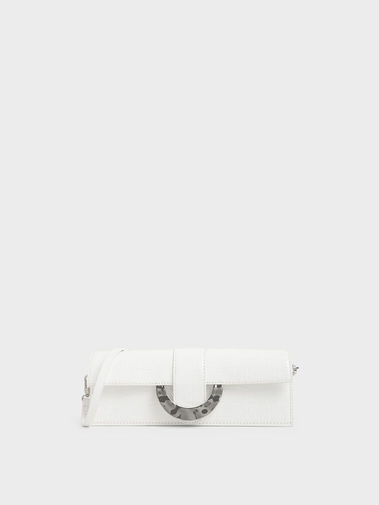 Croc-Effect Long Clutch, White, hi-res