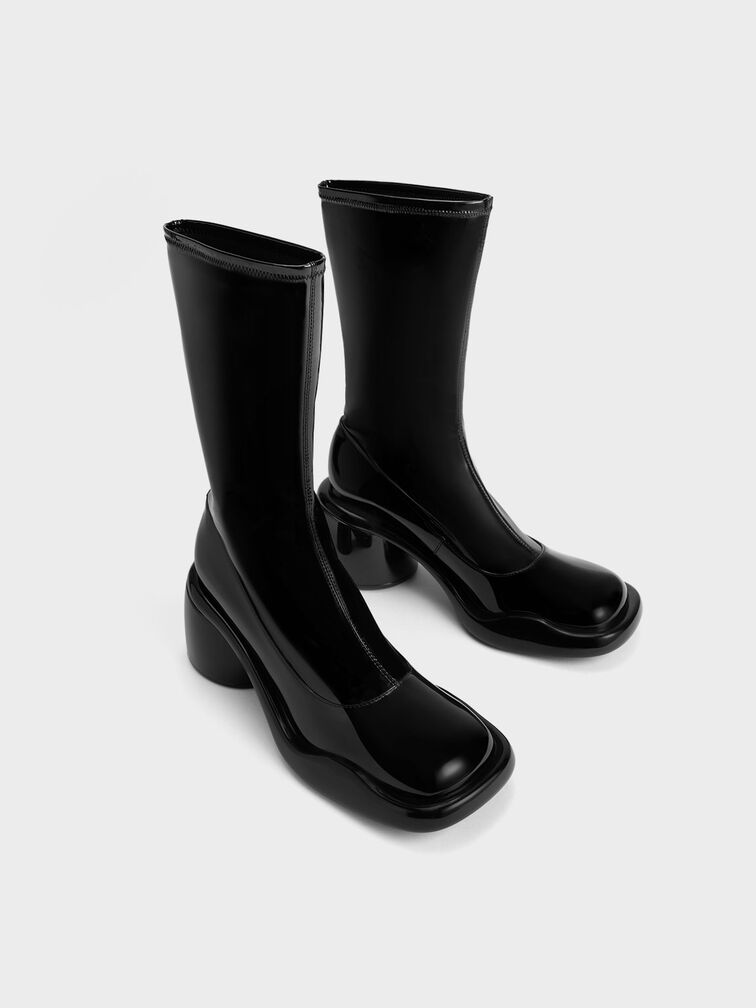 Lula Patent Chunky Heel Calf Boots, Black, hi-res