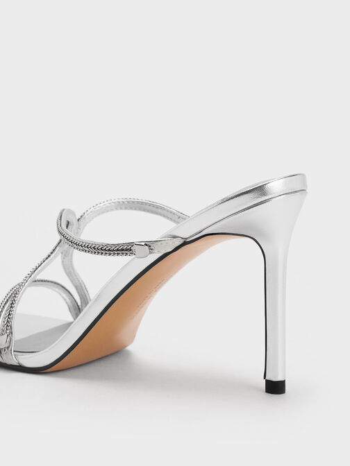 Metallic Braided Strappy Heeled Mules, Silver, hi-res