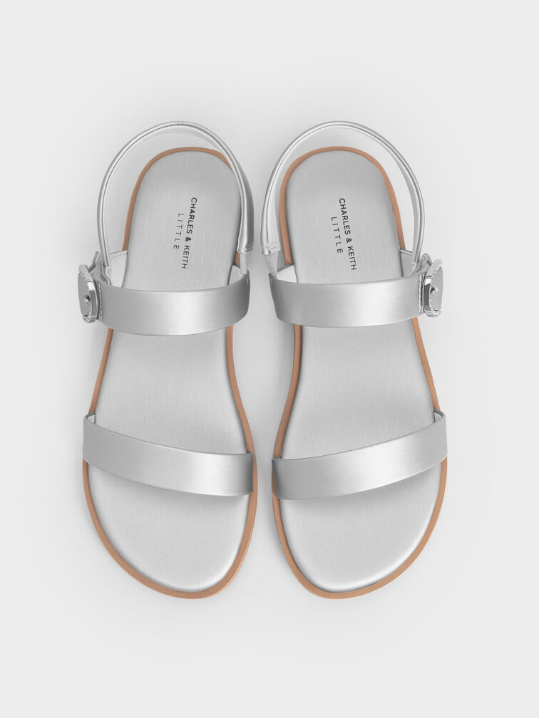 Girls' Pearlescent Crystal-Buckle Double-Strap Slingback Sandals, Silver, hi-res