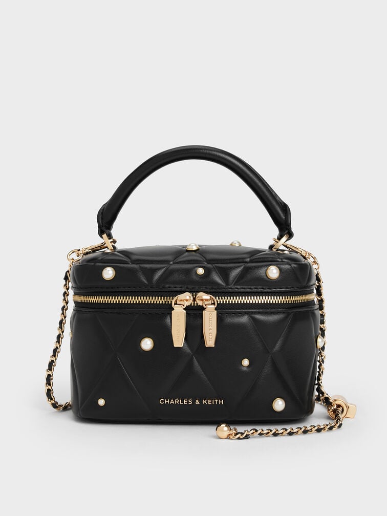Arwen Quilted Pearl-Embellished Top Handle Vanity Bag, Black, hi-res