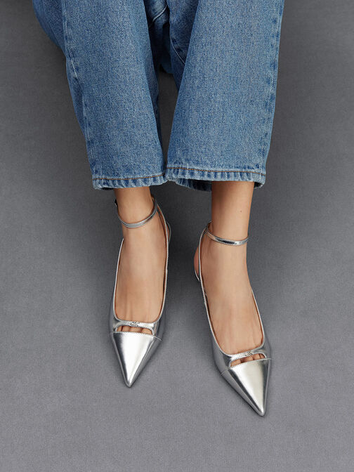 Metallic Leather Kitten-Heel Pumps, Silver, hi-res